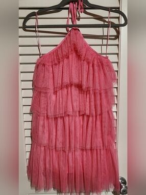 Junior  Pink Tiered Tulle Halter Dress